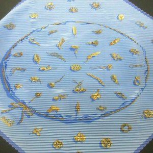 HERMES Pleated Scarf 100% Silk "Clips" Blue Great